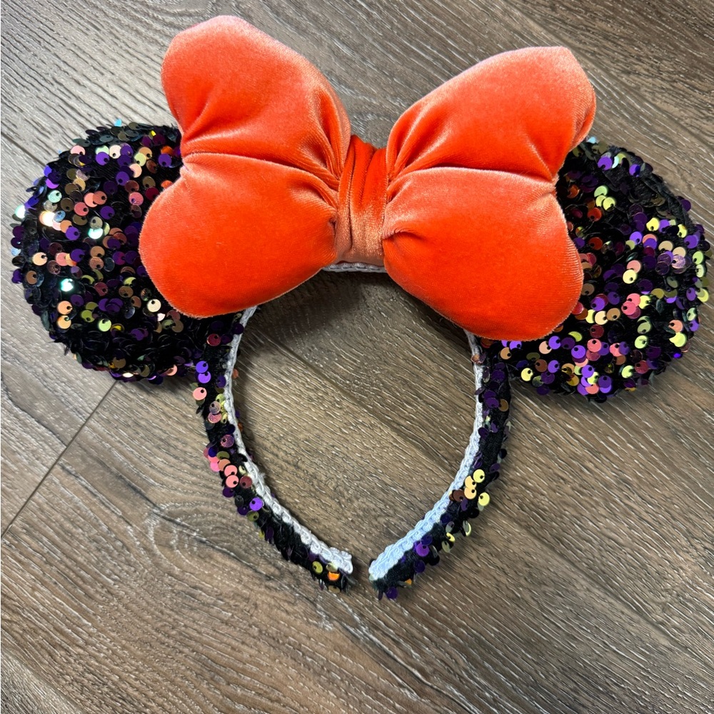 Sequin Minnie Mouse Ears with Orange Bow- Halloween